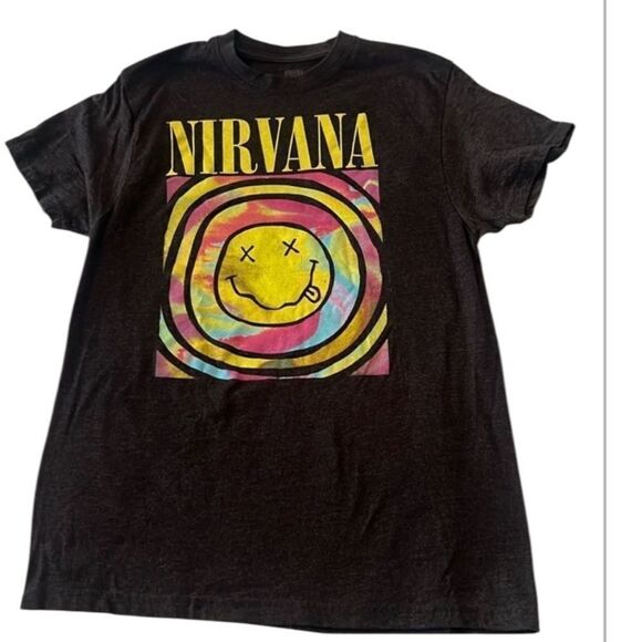 Nirvana womens szL black w/multi colored screen print short sleeve T-shirt EUC - Picture 1 of 6